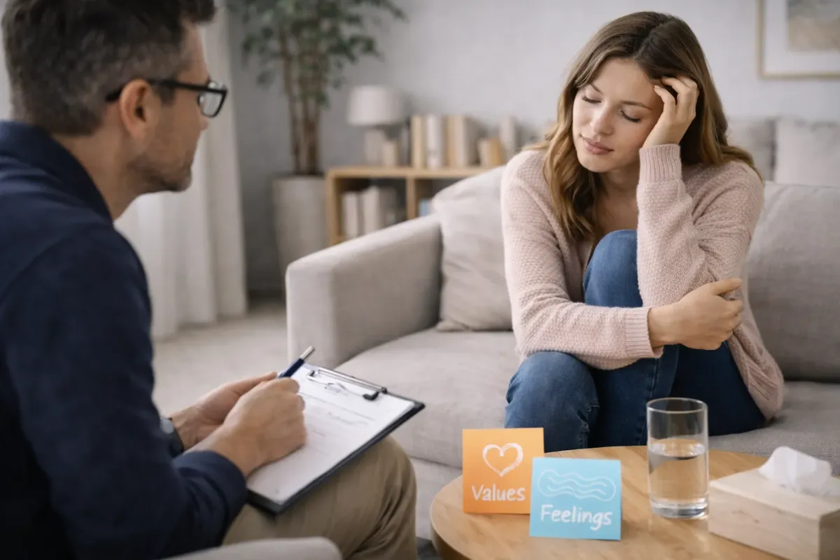 A woman sitting on a sofa with her hand on her head while a therapist takes notes on a clipboard