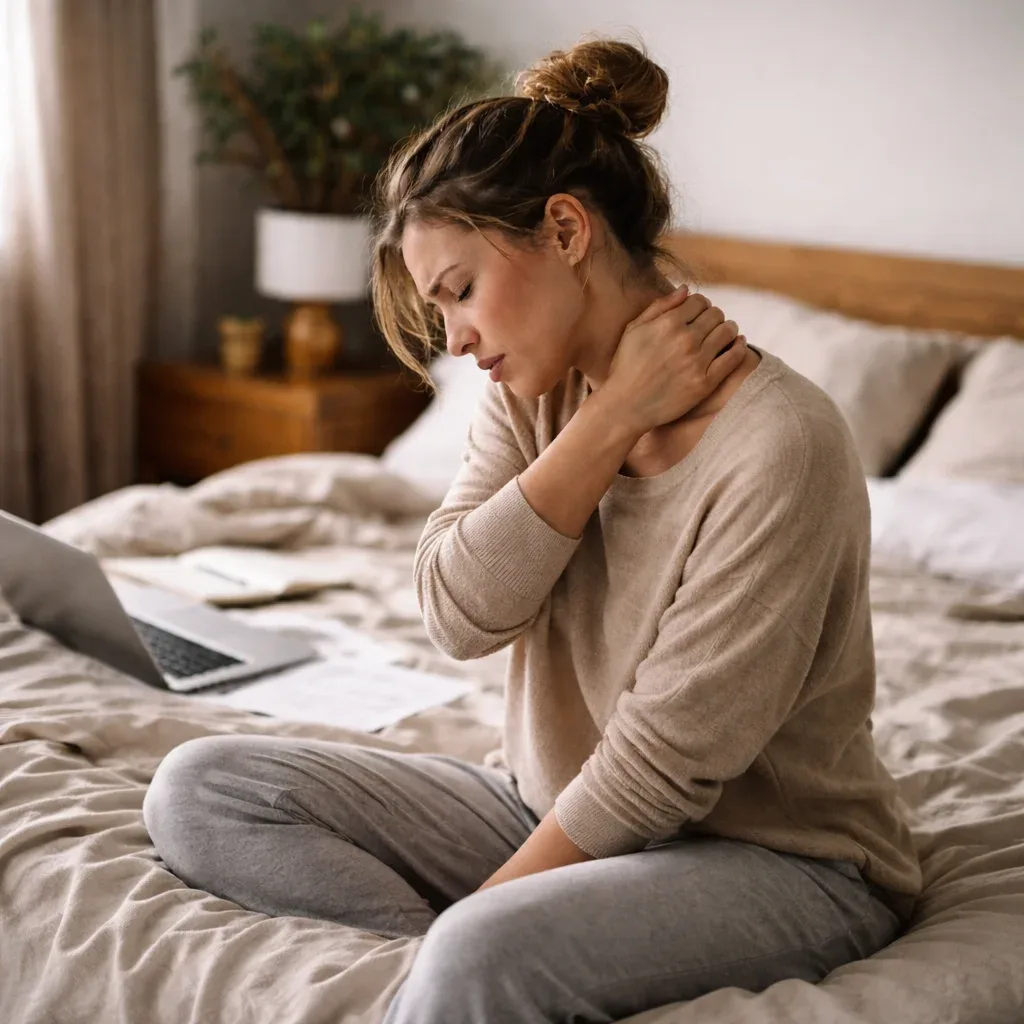 A woman sitting on a bed beside a laptop, holding the back of her neck with her eyes closed