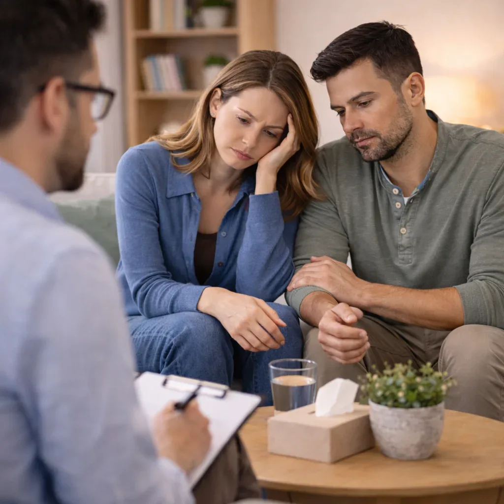 A worried couple sitting together on a sofa across from a therapist