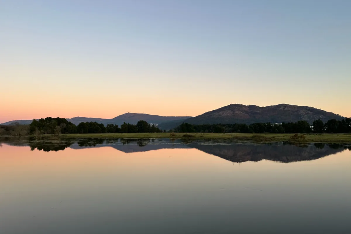 A still lake at dusk reflecting low hills and a line of trees under a pale pink sky