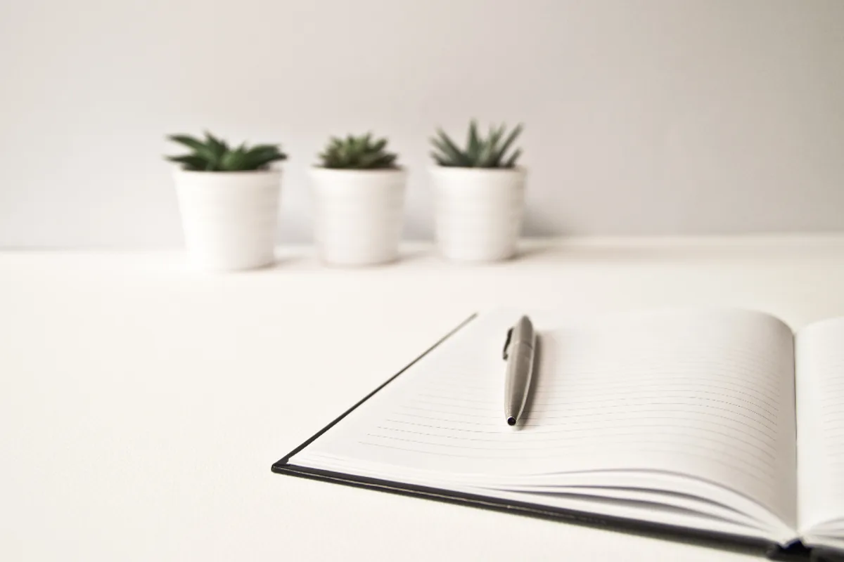 An open lined notebook with a pen on a white table, three small potted succulents behind it