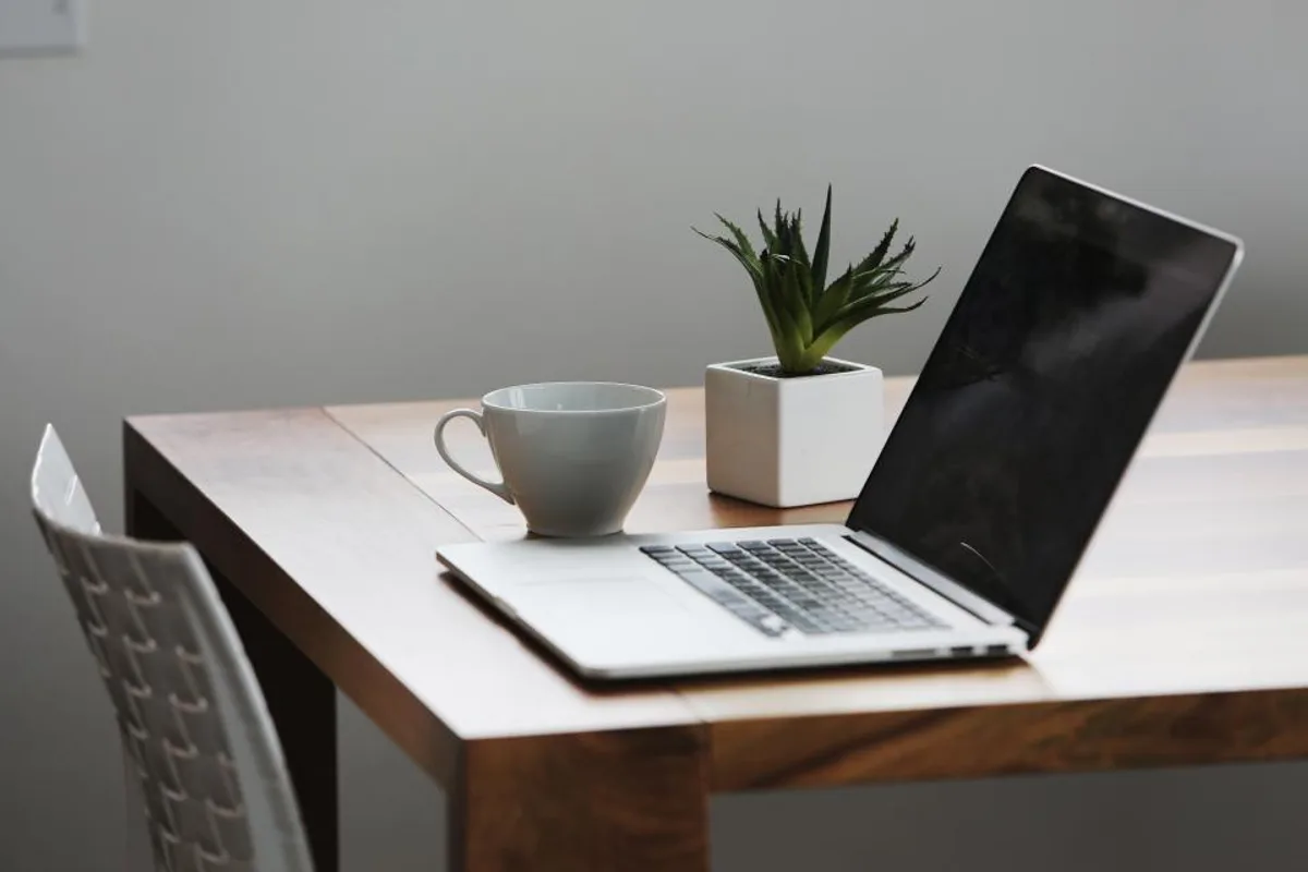 An open laptop, a white cup and a small potted plant on a wooden table