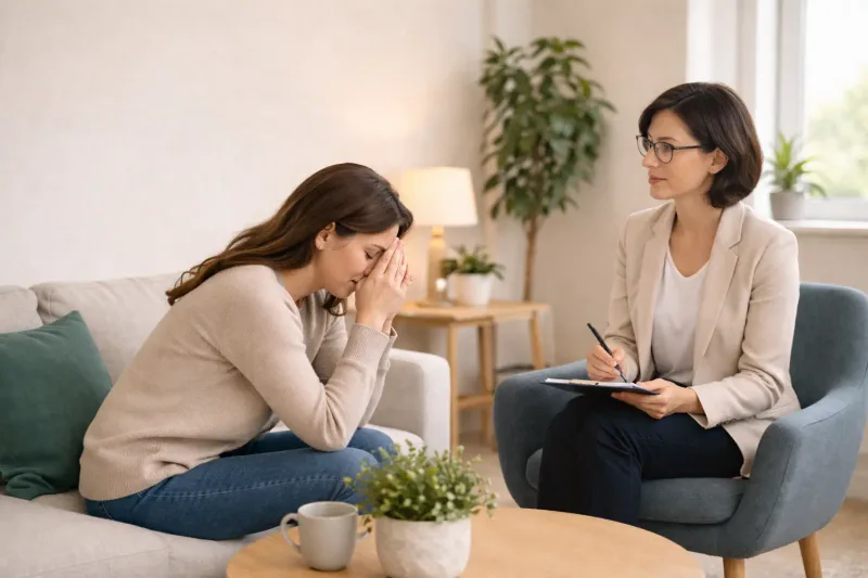 A woman with her head in her hands talking to a therapist holding a clipboard