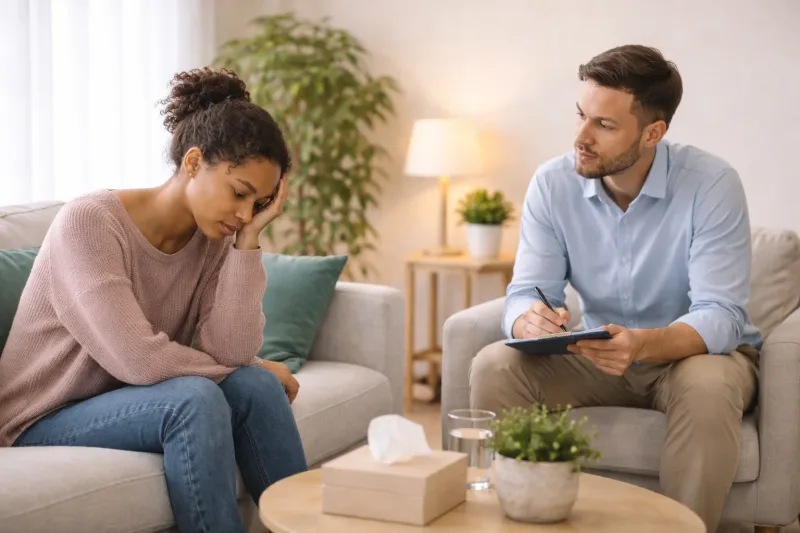 A woman resting her chin on her hand while a therapist takes notes