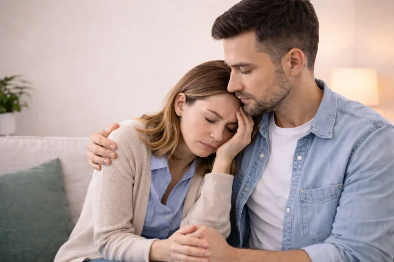 A man comforting a woman who leans against him on a sofa