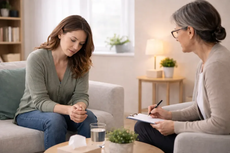A woman sitting on a sofa across from a therapist who is writing notes
