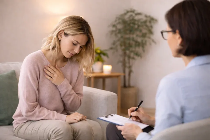 A woman with her hand on her chest talking to a therapist