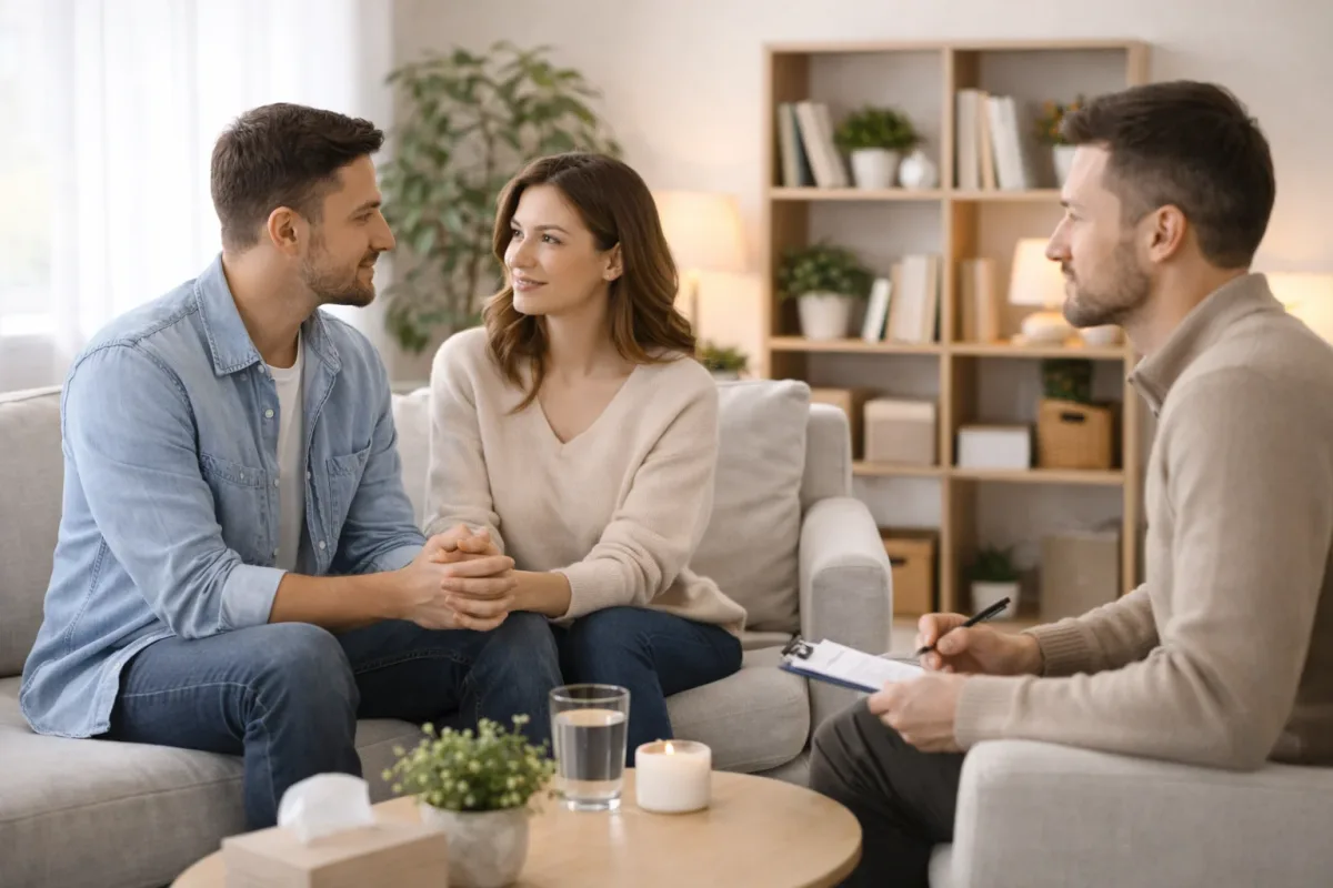 A couple holding hands on a sofa while talking with a therapist