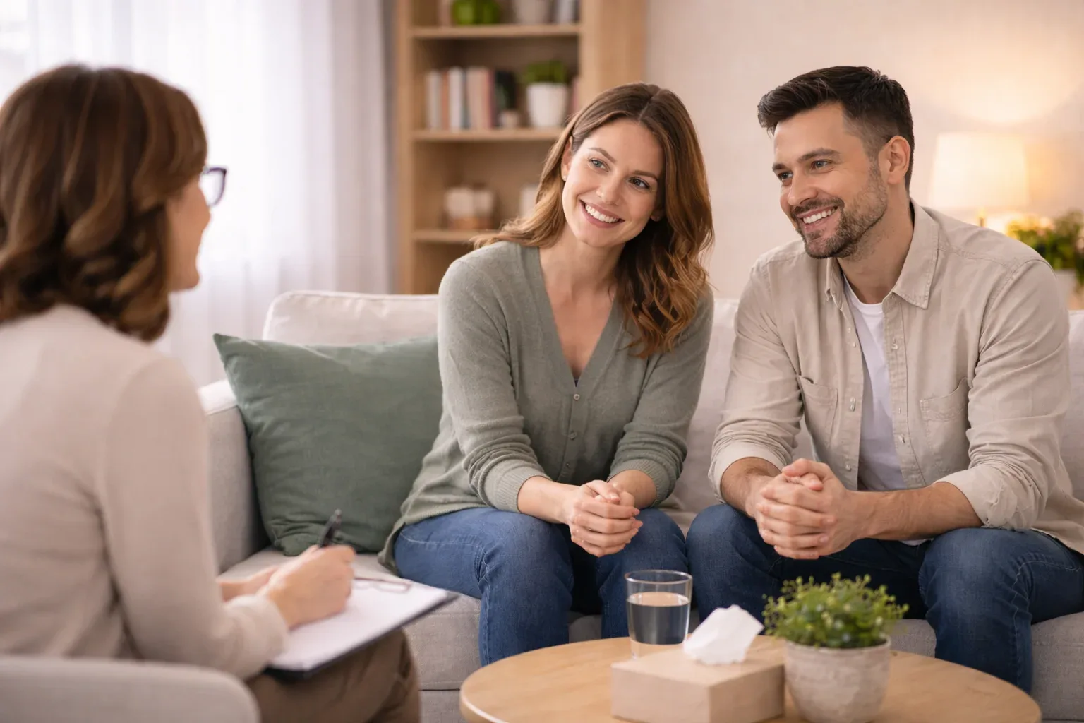 A smiling couple sitting on a sofa during a session with a therapist