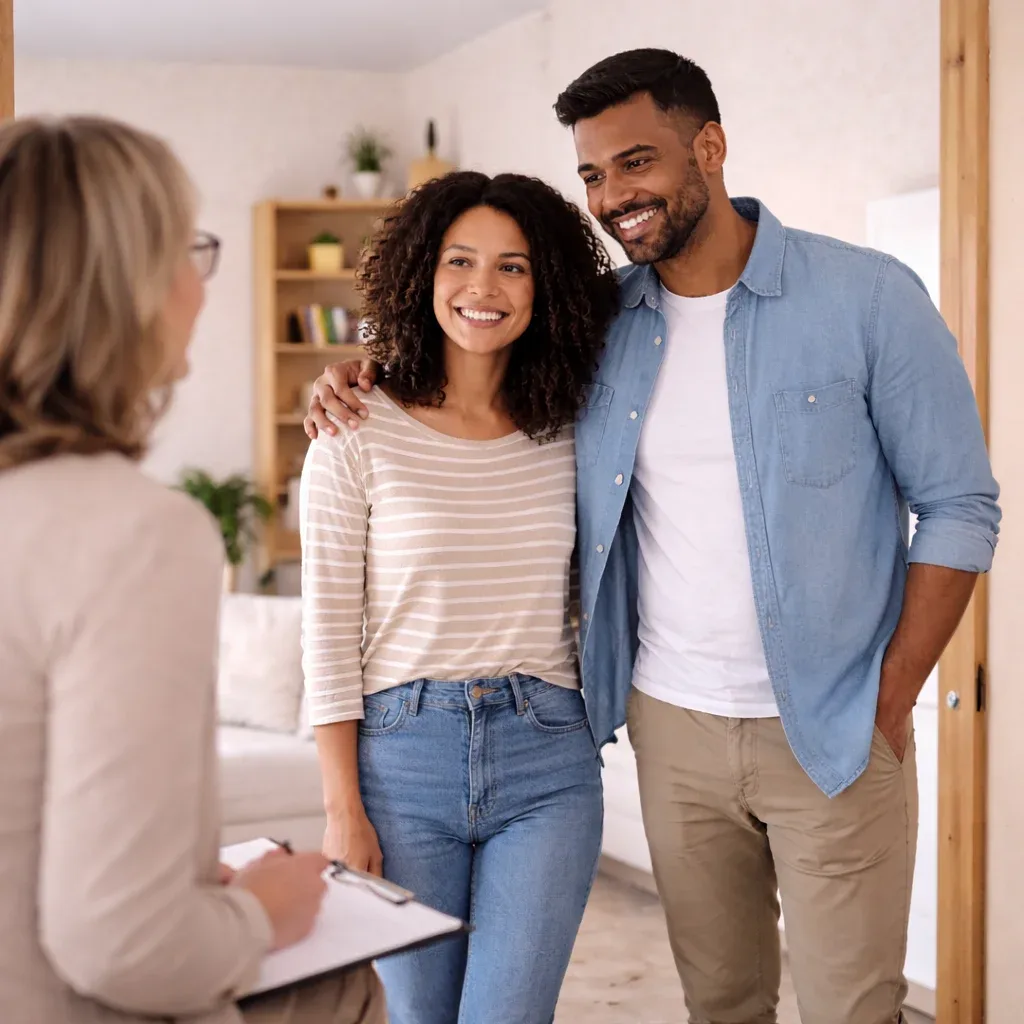 A smiling couple standing together in a bright room, facing a therapist