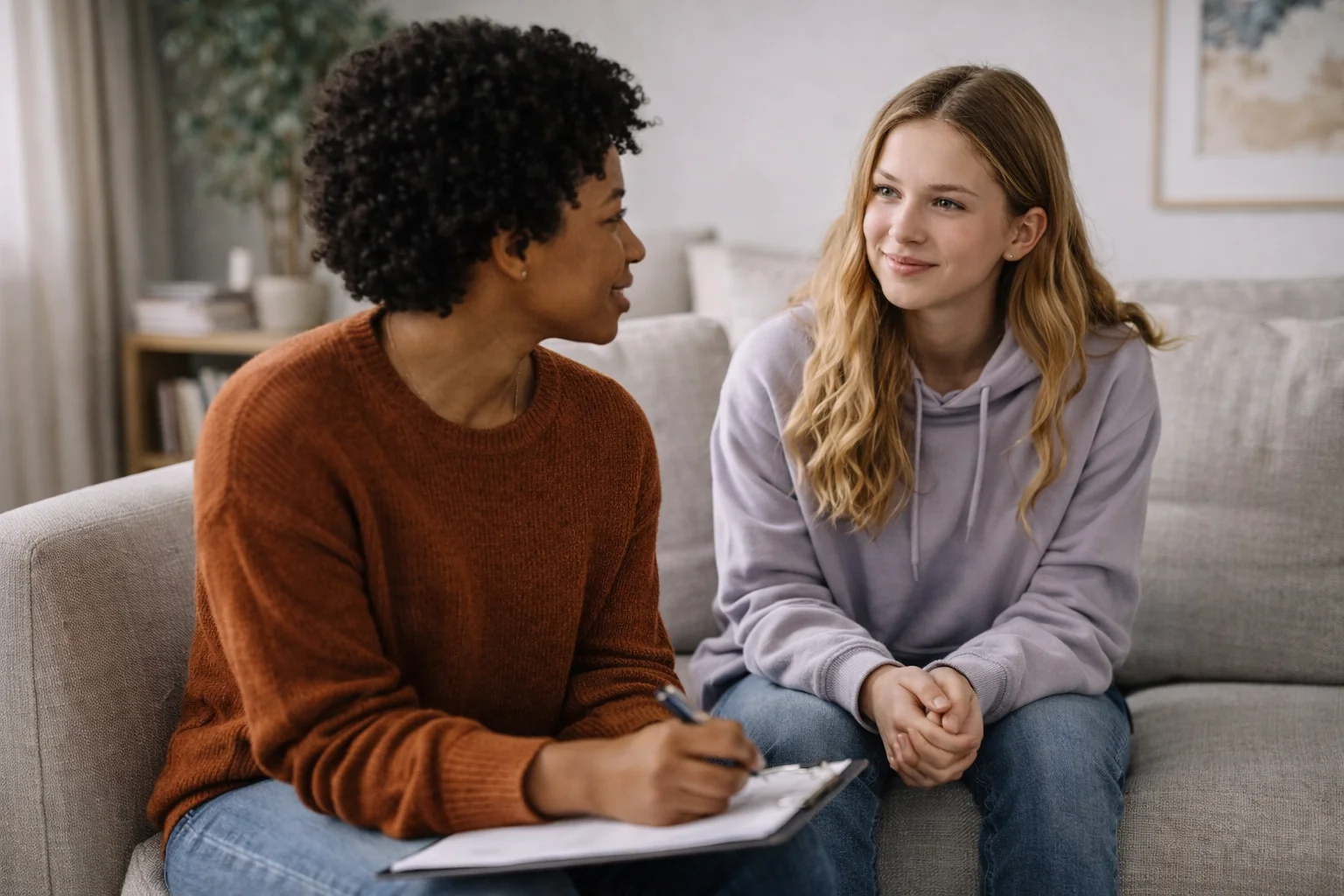Adolescent speaking with therapist during teen counseling session in safe environment