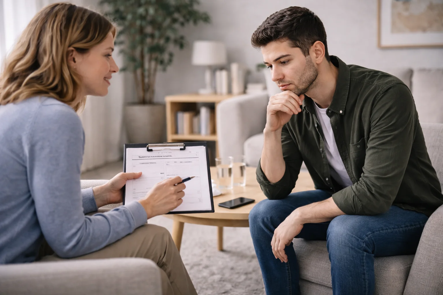 Therapist guiding client through cognitive behavioral therapy techniques for anxiety and stress