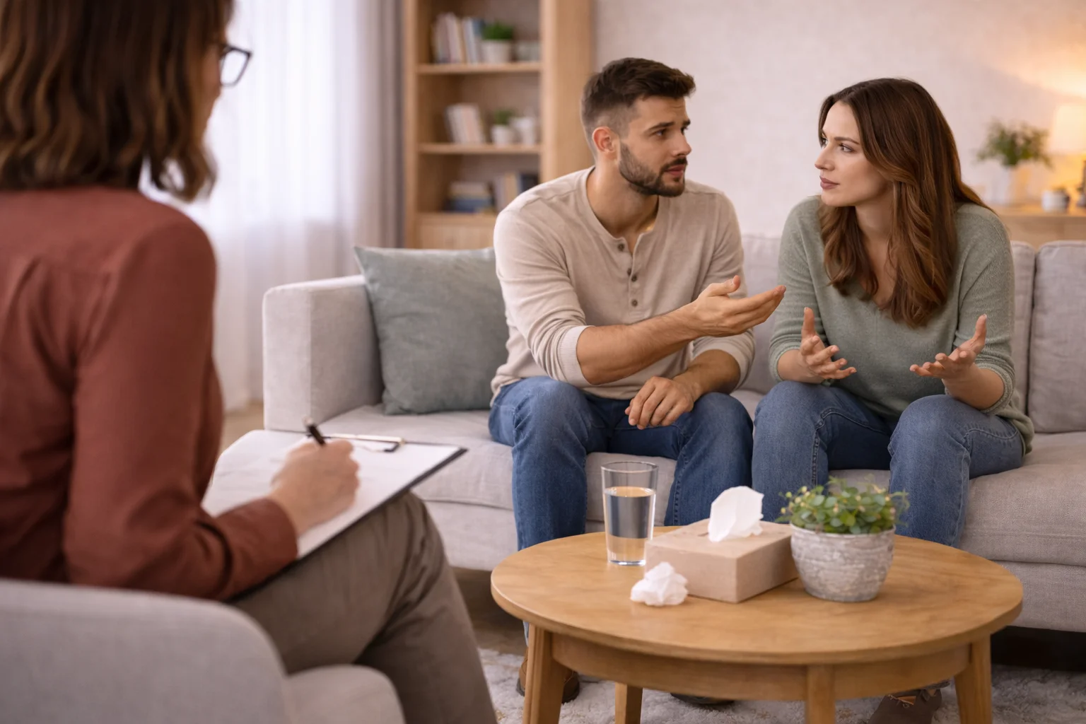 Client working through emotional challenges with therapist during structured session