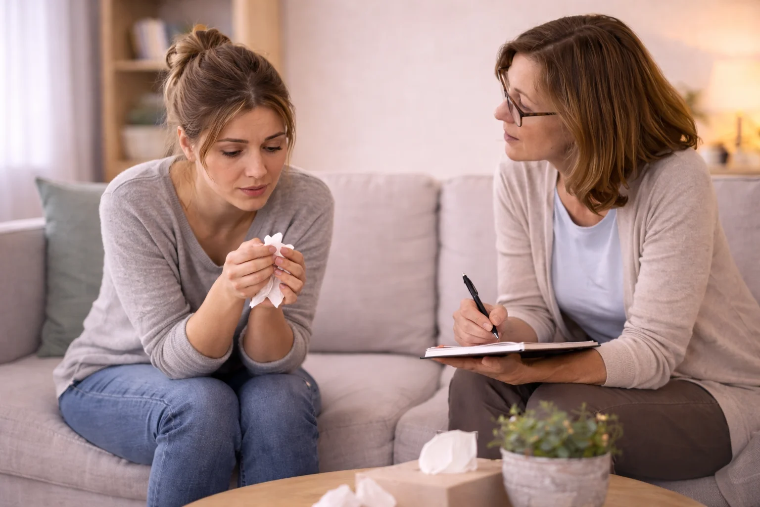 Client discussing personal struggles in safe and confidential therapy setting